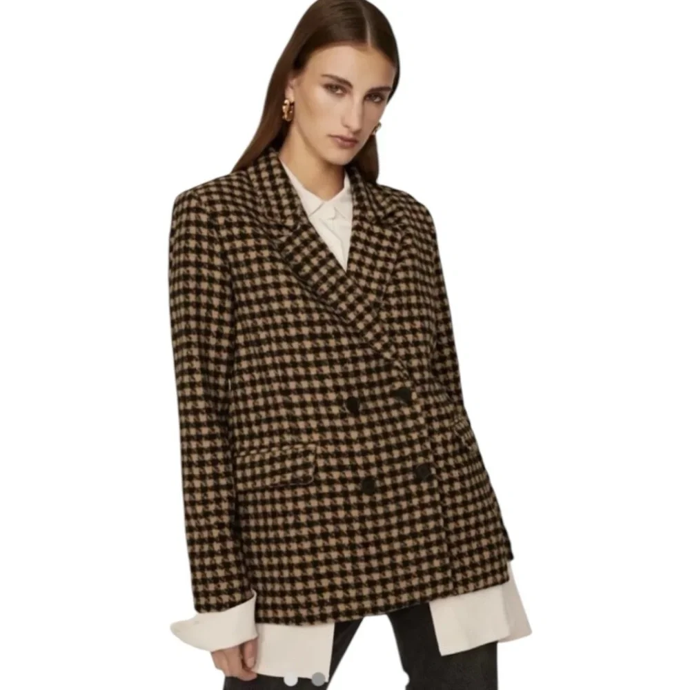 Blank NYC Book Club Houndstooth Double-Breasted Oversized Blazer Tan Black SZ S